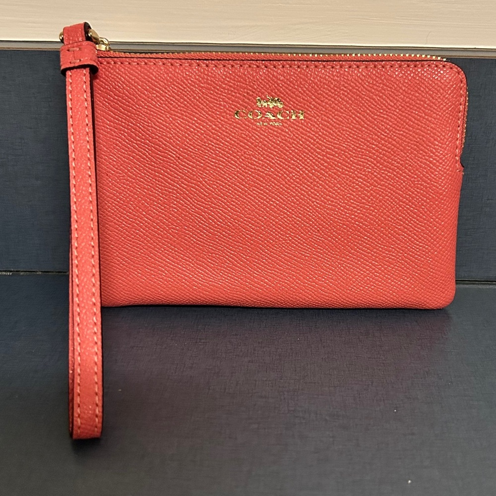 Coach Corner Zip Wristlet With Care Instructions. Coral